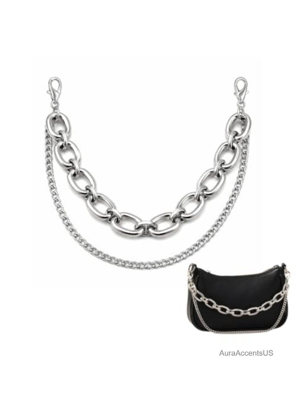 Chunky Layered Silver Purse Chain, Y2K Goth Handbag Decorative Charm